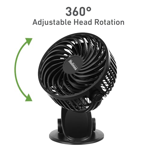 Holmes 4” On-The-Go Personal Fan with Clip – 3 Speed Settings, 360° Rotation, Rechargeable Battery, USB-C Charging, Compact & Portable Design, Black – Ideal for Desks & Personal Spaces