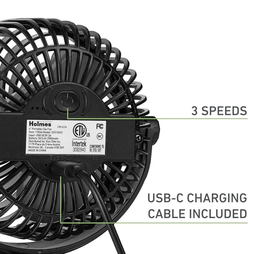 Holmes 4” On-The-Go Personal Fan with Clip – 3 Speed Settings, 360° Rotation, Rechargeable Battery, USB-C Charging, Compact & Portable Design, Black – Ideal for Desks & Personal Spaces