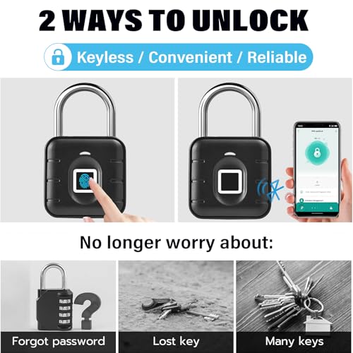 Fingerprint Padlock - Fingerprint Lock with App, Combination Locks Gym Locker Lock with Keyless Biometric, Outdoor Smart Padlock Suitable for Locker Gates Fence Storage Pool Shed (Black)