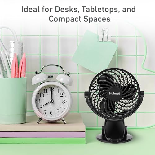 Holmes 4” On-The-Go Personal Fan with Clip – 3 Speed Settings, 360° Rotation, Rechargeable Battery, USB-C Charging, Compact & Portable Design, Black – Ideal for Desks & Personal Spaces