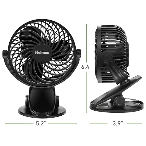 Holmes 4” On-The-Go Personal Fan with Clip – 3 Speed Settings, 360° Rotation, Rechargeable Battery, USB-C Charging, Compact & Portable Design, Black – Ideal for Desks & Personal Spaces