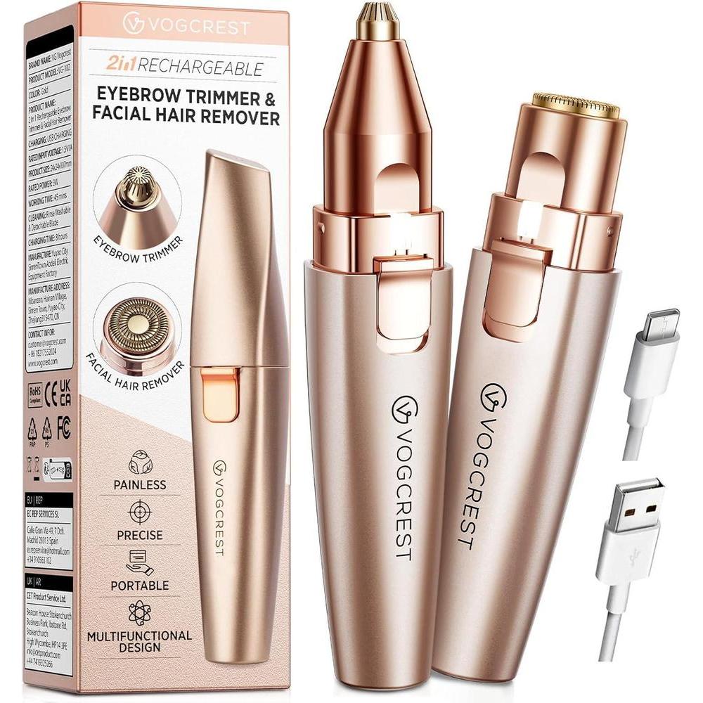 Eyebrow & Facial Trimmer: 2 in1 Rechargeable Facial Hair Removal & Eyebrow Shaver - Body Razor with Built-in LED Light (Rose Gold)