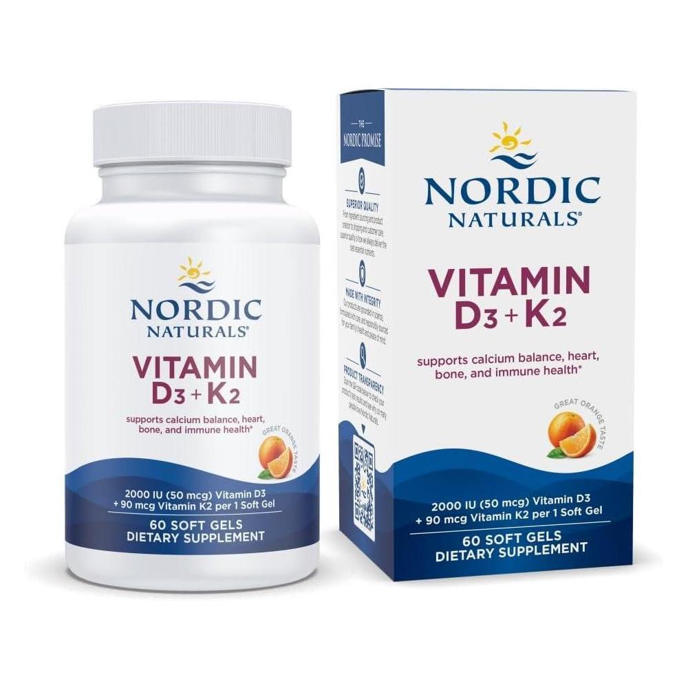 Nordic Naturals Vitamin D3 + K2, Orange Taste - 60 Soft Gels - Synergistic Support for Bones, Immune Function & Calcium Balance - Non-GMO - 60 Servings