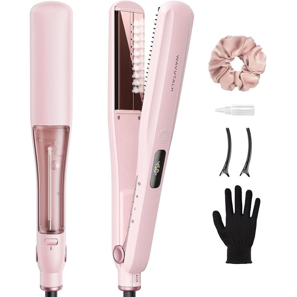 Wavytalk Steam Hair Straightener, Steam Sesh, Steam Reduces Damage, Nourishes Hair & Expedites Straightening, 1.38'' Nano Titanium Flat Iron with Detachable Comb for Silk Press Smoothing, Sakura Pink