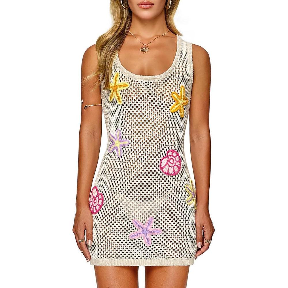 FAIRY SEASON Women's Crochet Beach Cover Up with 3D Starfish & Shells, Sleeveless Mini Dress for Pool, Resort Vacation