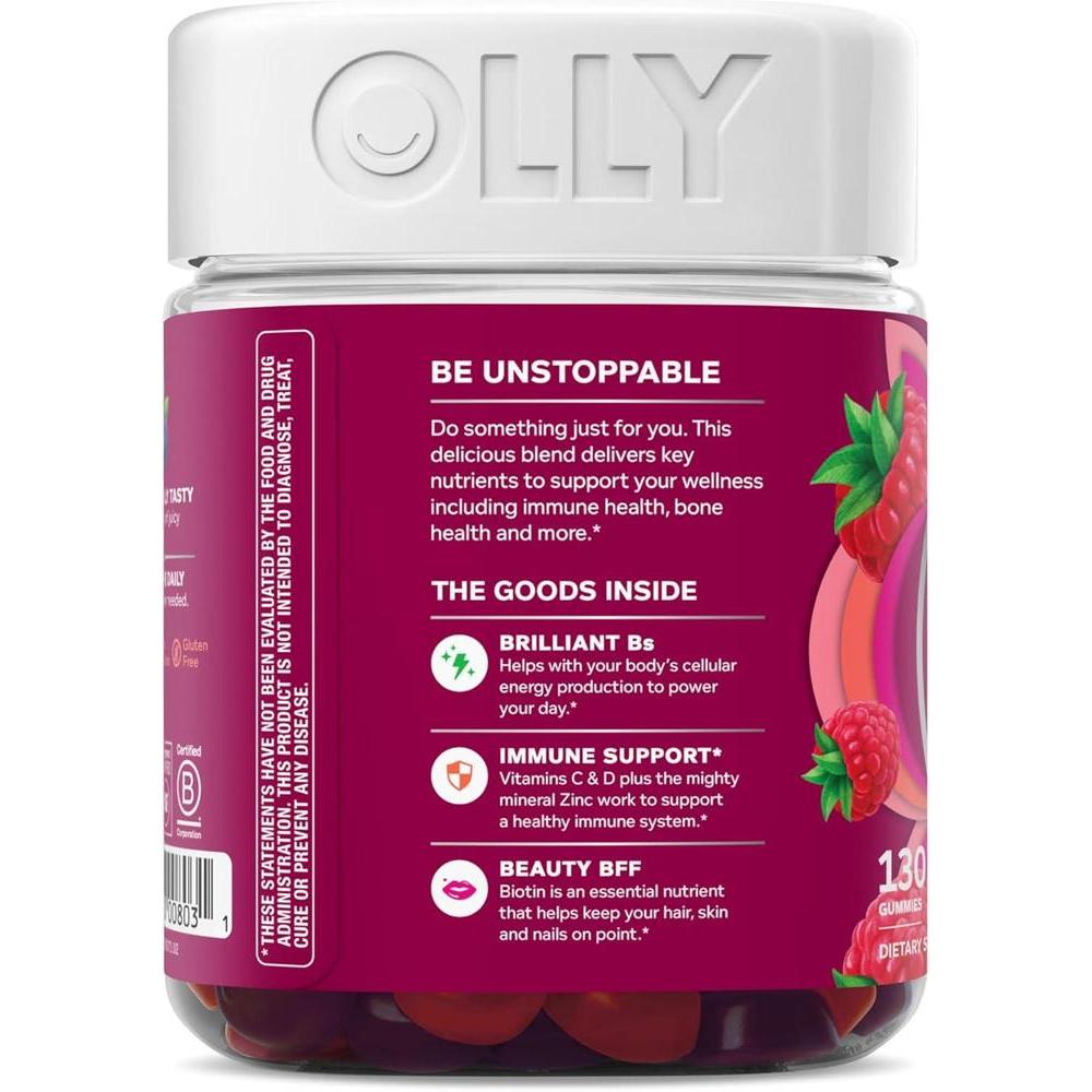 OLLY Women's Daily Multivitamin Gummy, Vitamins A, D, C, E, Biotin, Folic Acid, Adult Chewable Vitamin, Berry Flavor, 65 Day Supply - 130 Count