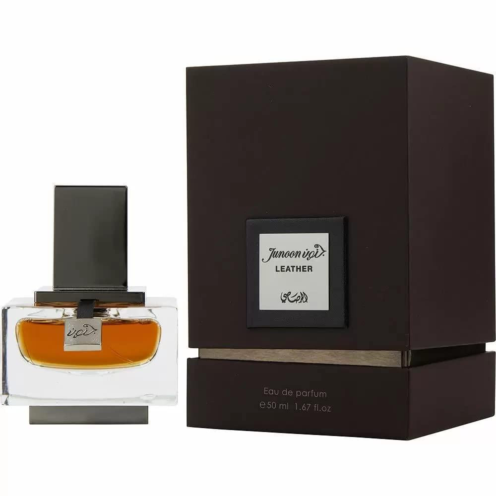 Rasasi Junoon - Eau de Parfum Spray de Cuero para Hombre. Inspirado en el poder del material resistente