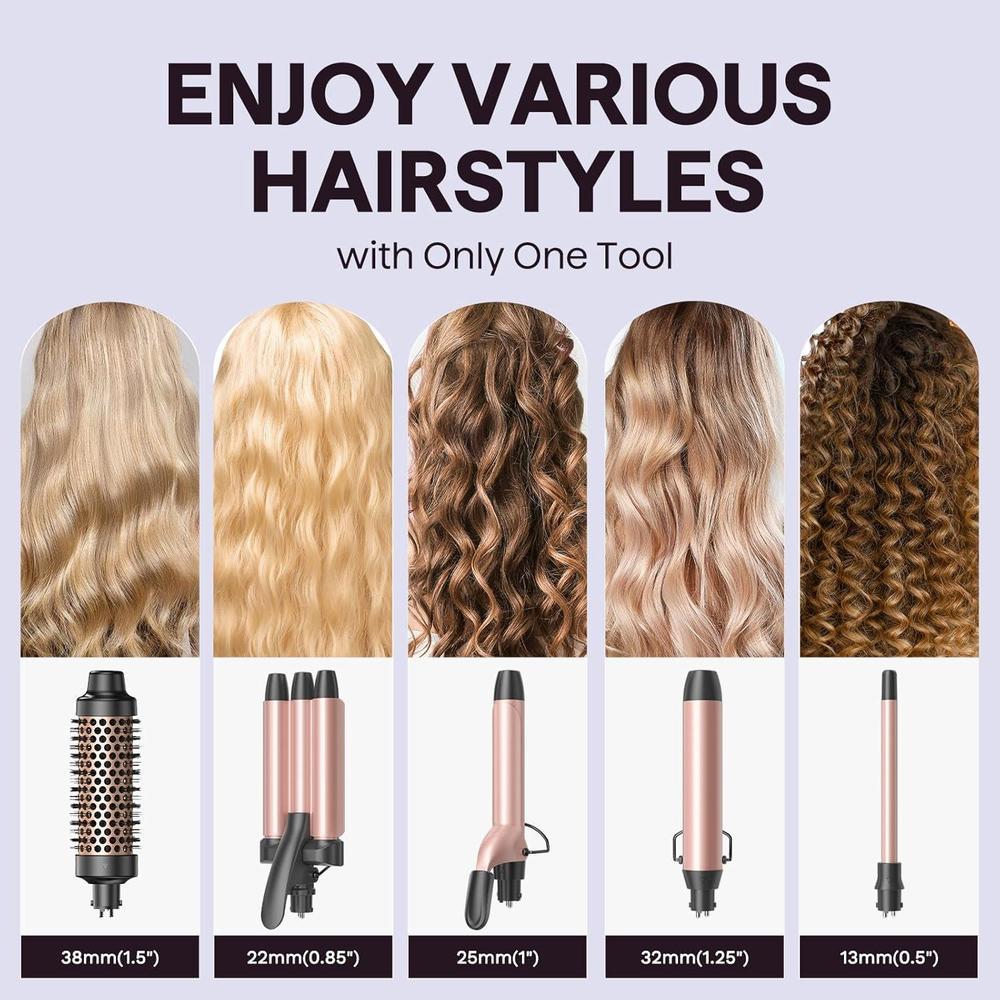 Wavytalk 5 in 1 Curling Wand Set, Dual Voltage Curling Iron Set with 5 Interchangeable Barrels Included A Thermal Brush, A Hair Crimper and 3 Ceramic Curling Wands(0.5"-1.25"), Rose Pink