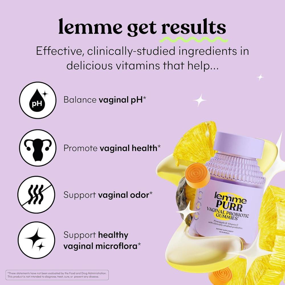 Lemme Purr Vaginal Probiotic Gummies for Women - Balanced pH, Healthy Odor, Yeast Balance & Flora Support + Vitamin C for Immune Health - Tasty Pineapple (60 Count) (Pack of 2)