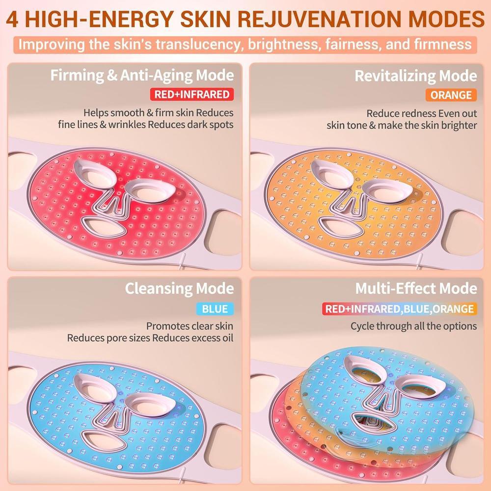 NVBOTY Red Light Therapy Mask, 4 Modes Portable Red Light Therapy for Face, 2000mAh Rechargeable Remote, Blue, Orange, 850NM Infrared & Red Light Mask, 400 LEDs, Timing Function, at Home & Travel