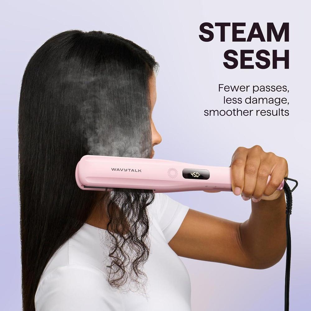 Wavytalk Steam Hair Straightener, Steam Sesh, Steam Reduces Damage, Nourishes Hair & Expedites Straightening, 1.38'' Nano Titanium Flat Iron with Detachable Comb for Silk Press Smoothing, Sakura Pink