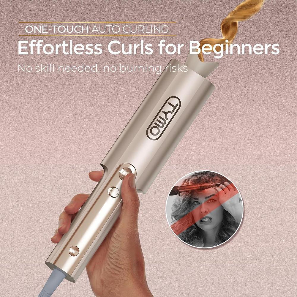 TYMO CurlPro Plus Automatic Rotating Curling Iron - Upgraded Long Barrel Curling Wand for Long Hair, Ceramic Hair Curler for Women, Anti-Scald, Tangle-Free, 600M Ionic, Dual Voltage, Gold, 1 Inch