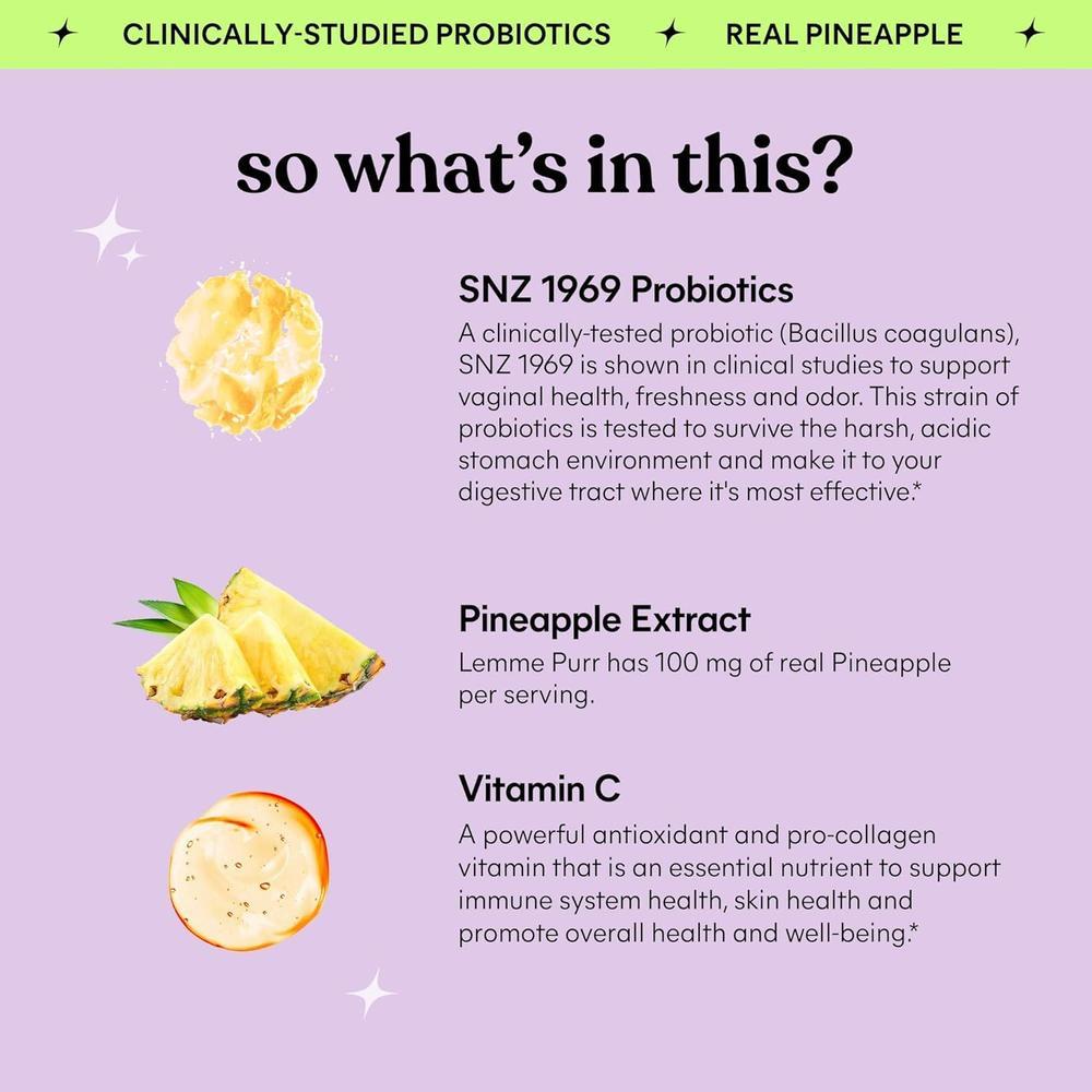 Lemme Purr Vaginal Probiotic Gummies for Women - Balanced pH, Healthy Odor, Yeast Balance & Flora Support + Vitamin C for Immune Health - Tasty Pineapple (60 Count) (Pack of 2)