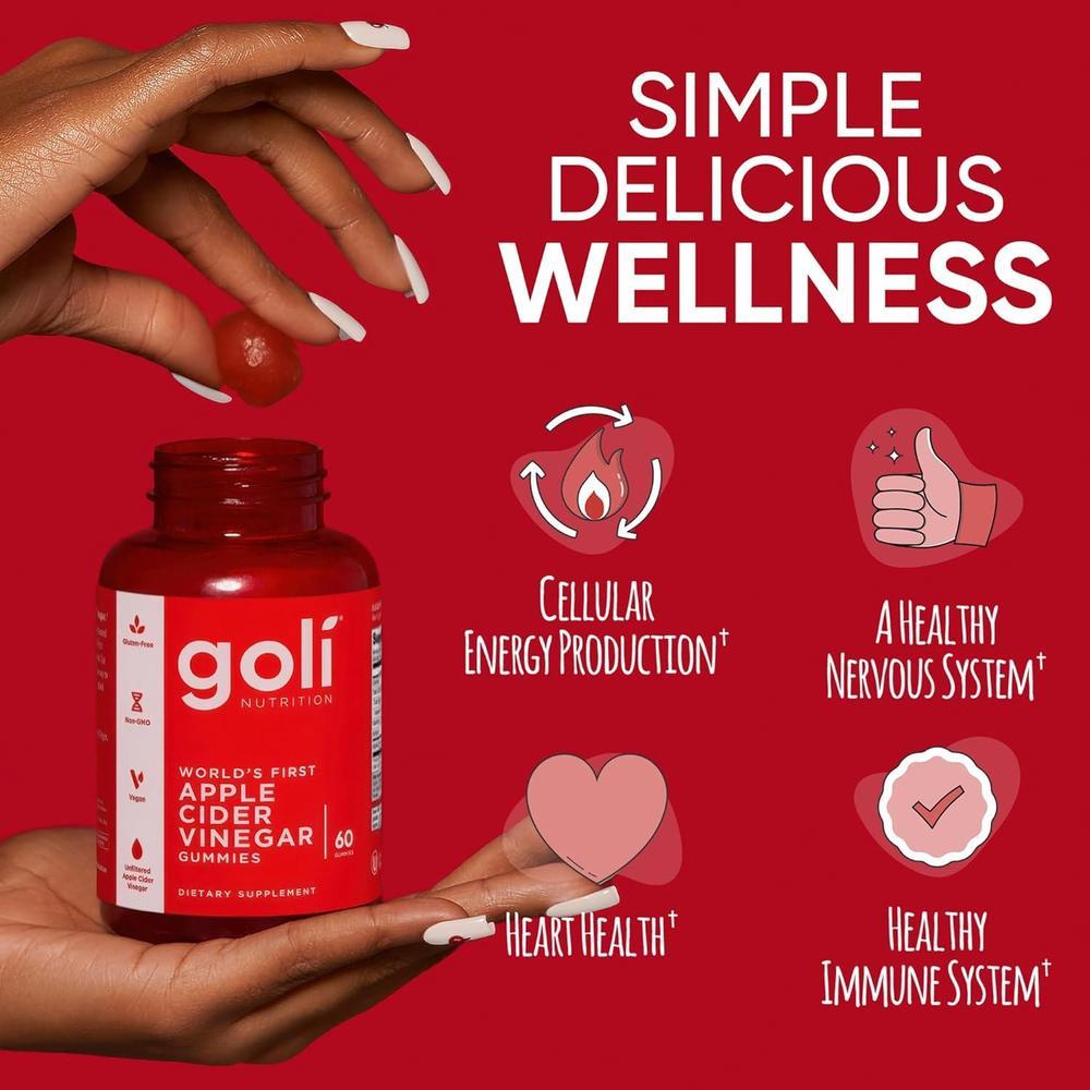Goli Apple Cider Vinegar Gummies - Worlds First ACV Gummy with Vitamin B12, Beetroot & Pomegranate - Vegan, Non-GMO, Gluten-Free - 60 Count (Pack of 1)