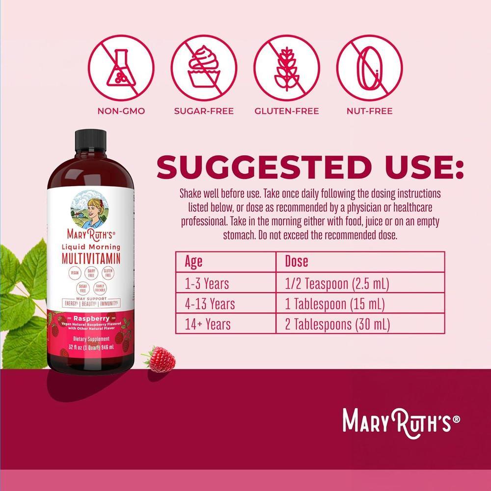 MARYRUTH'S Liquid Morning Multivitamin for Women, Men & Kids | Vitamin A C D E B6 B12 Biotin Zinc | Beauty | Vegan | Non-GMO | Gluten Free | 32 Servings