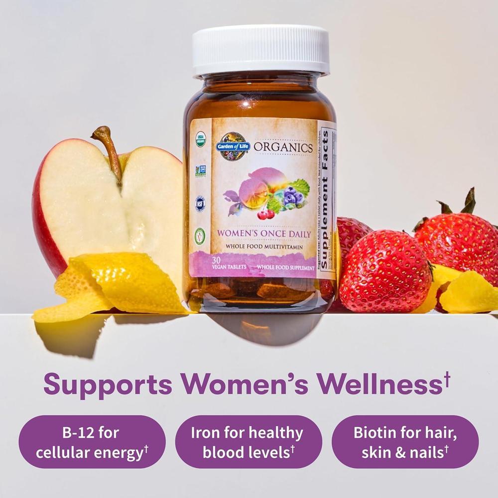 Garden of Life Organics Multivitamin for Women - Women's Once Daily Multi - Whole Food Multi with Iron, Biotin, Vegan Organic Womens Multivitamin for Health, Energy Hair Skin and Nails, 60 Tablets