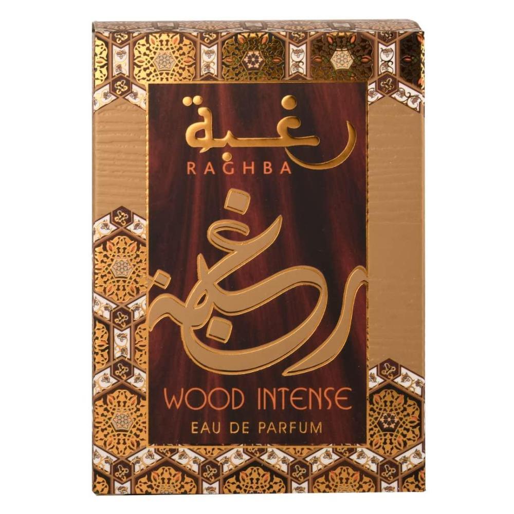 Lattafa Raghba Wood Intense para Eau de Parfum unisex, fragancia amaderada con notas de incienso y ‡mbar.