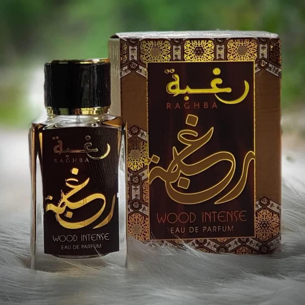 Lattafa Raghba Wood Intense para Eau de Parfum unisex, fragancia amaderada con notas de incienso y ‡mbar.