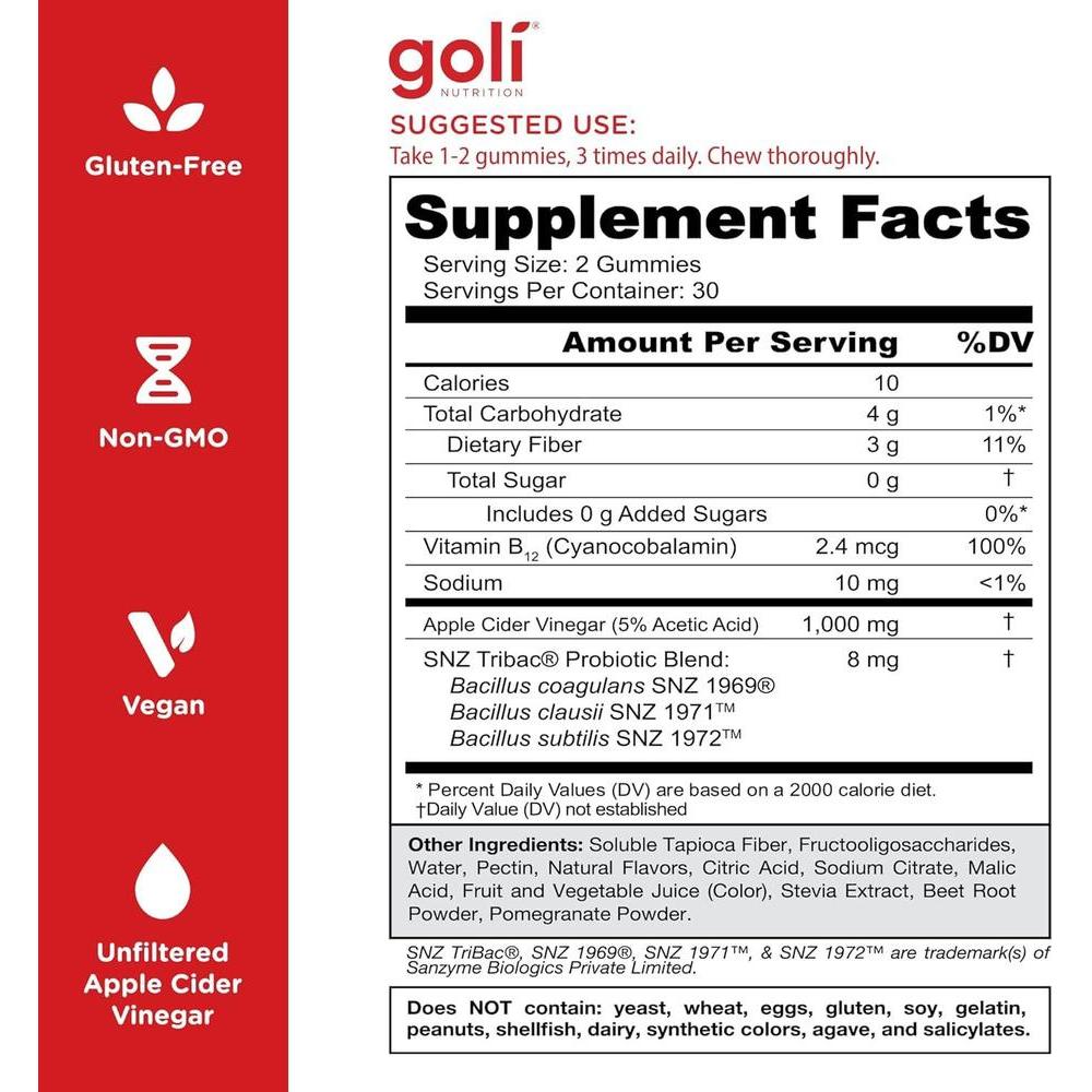 Goli Zero Sugar Apple Cider Vinegar Gummies - ACV with Vitamin B12 and Probiotics - No Sugar Alcohols - Vegan, Keto-Friendly, Gluten-Free