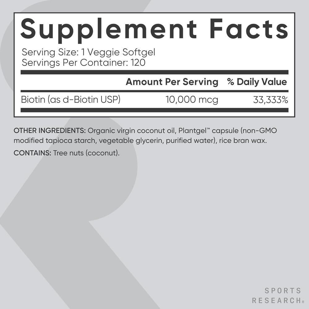 Skincare Supplement Biotin 10,000mcg 120 Veggie Softgels