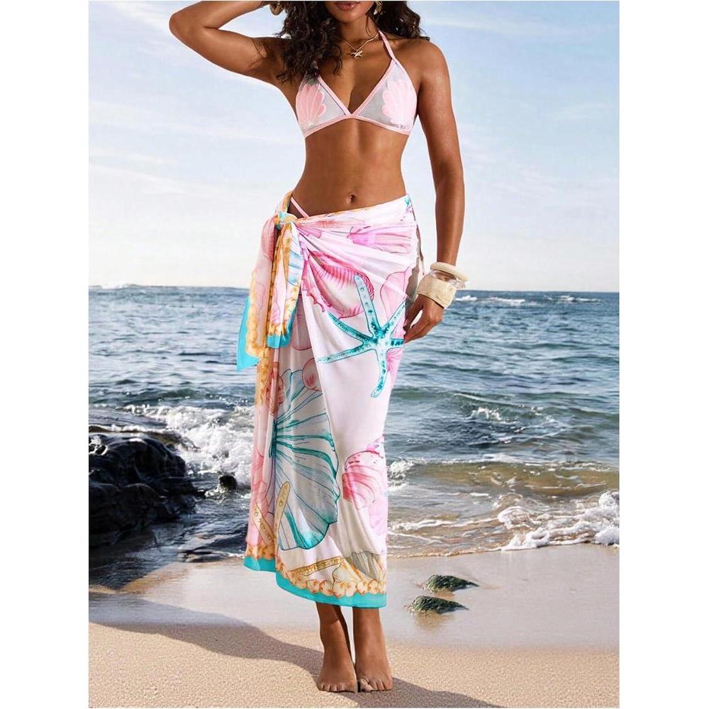 Floerns Women's Vacation Cover Up Floral Sheer Beach Sarong Wrap Swim Skirts