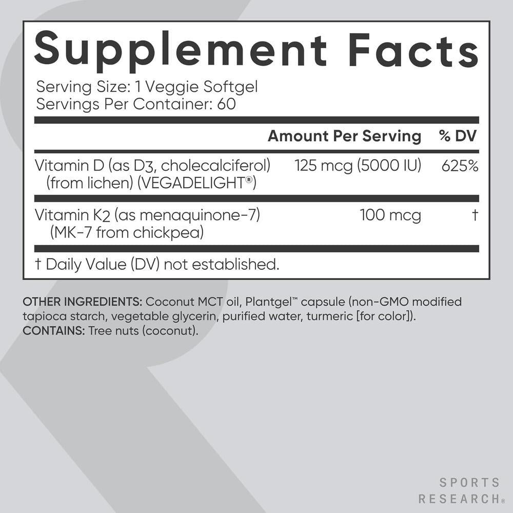Sports Research Vitamin D3 5000iu & K2 Mk7 100mcg 60 Softgels