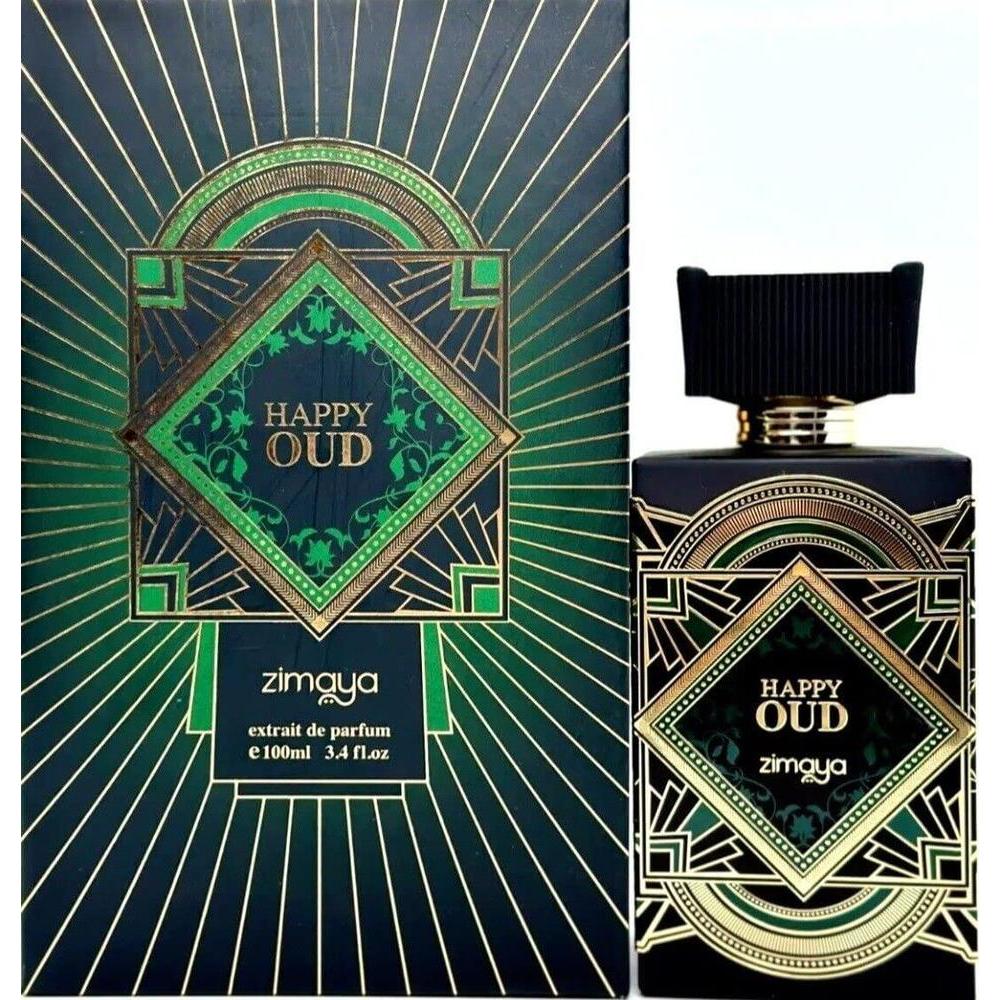 AFNAN Zimaya Happy Oud Eau de Parfum unisex con notas de lavanda, menta, sándalo y ámbar, presenta 100 ml de fragancia intensa.