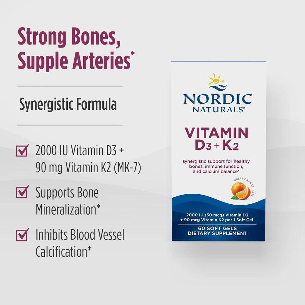 Nordic Naturals Vitamin D3 + K2, Orange Taste - 60 Soft Gels - Synergistic Support for Bones, Immune Function & Calcium Balance - Non-GMO - 60 Servings