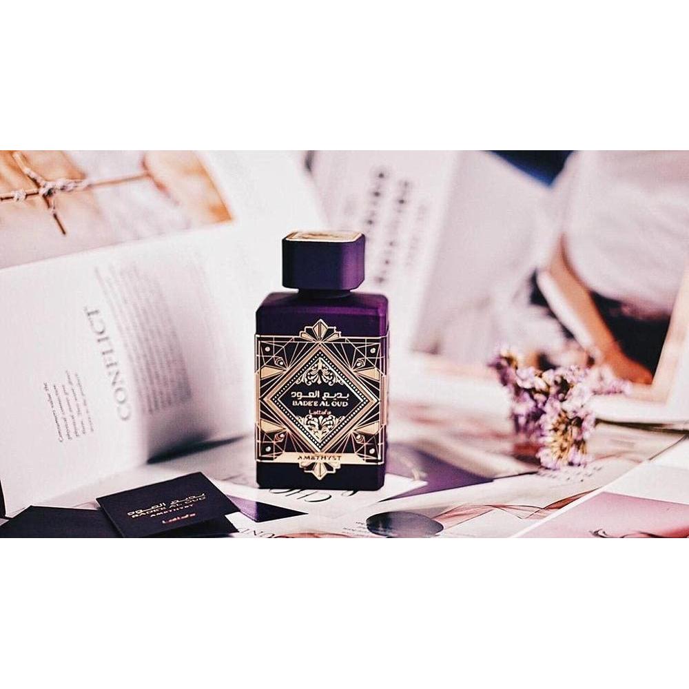 Lattafa Perfumes Bade'e Al Oud Amatista para Eau de Parfum unisex en espray, aroma de vainilla y oud