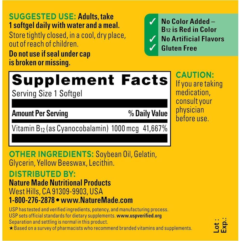 Nature Made Vitamin B12 1000 mcg, Dietary Supplement for Energy Metabolism Support, B12 Vitamins 1000 mcg, 150 Softgels, 150 Day Supply