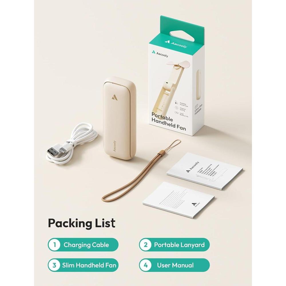 Aecooly Slim Portable Fan, Thin Handheld Fan, USB Rechargeable Mini Personal [24H Max Cooling Time]