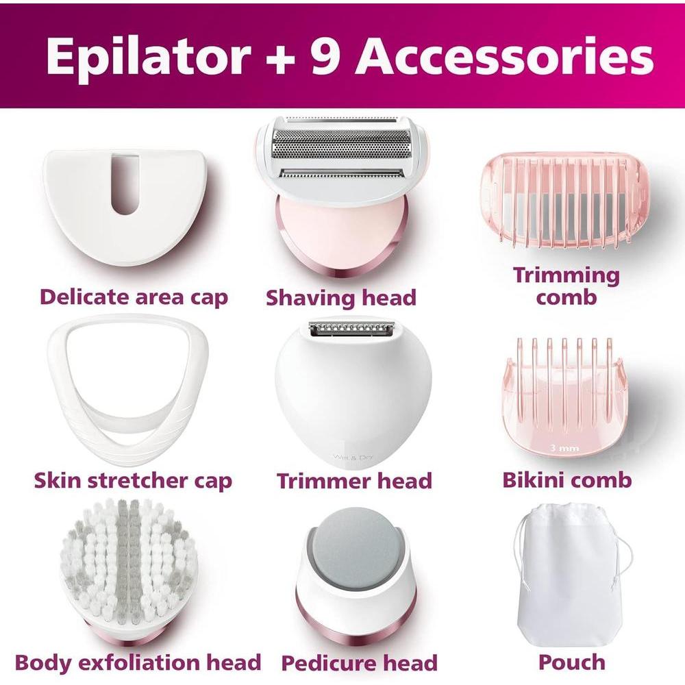 Philips Epilator Series 8000 5 in 1 Shaver for Women, Trimmer, Pedicure and Body Exfoliator with 9 Accessories, BRE740/14