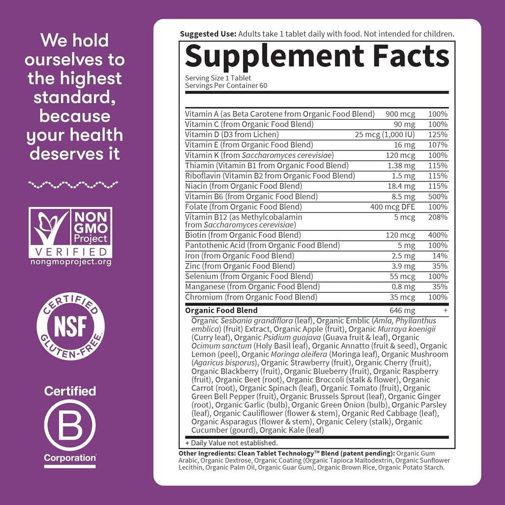Garden of Life Organics Multivitamin for Women - Women's Once Daily Multi - Whole Food Multi with Iron, Biotin, Vegan Organic Womens Multivitamin for Health, Energy Hair Skin and Nails, 60 Tablets