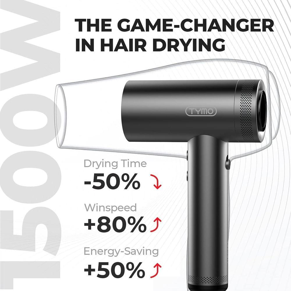 TYMO Hair Dryer with Diffuser for Women - 1500W Professional High Speed Blow Dryer with Comb, 110,000RPM Fast Dry, 200 Million Ionic Hairdryer, 4 Temps & 3 Speeds, 8 Ft Cord for Salon, Graphite