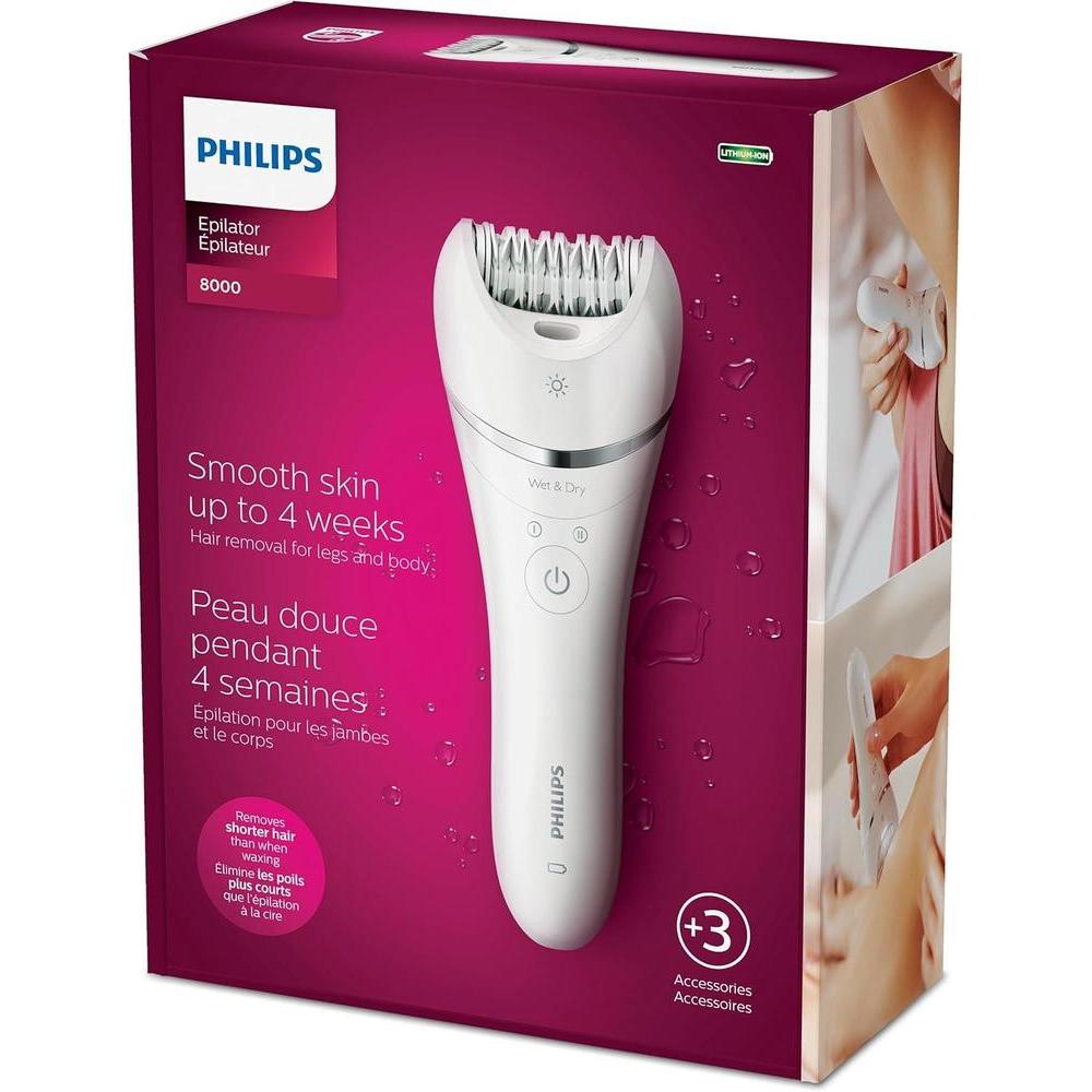 Philips Depiladora Serie 8000 para Mujer, eficiente con discos cerámicos y accesorios. Uso húmedo o seco