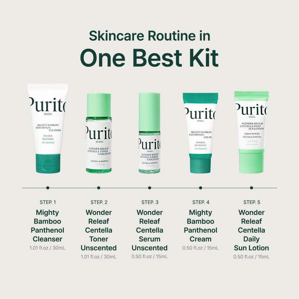 PURITO SEOUL Best Kit - Skincare Routine with Panthenol Cleanser & Cream, Unscented Centella Serum & Toner, For All Skin Types, Gift Set, For Face, Facial Serum, K-Beauty, 3.52 fl. oz