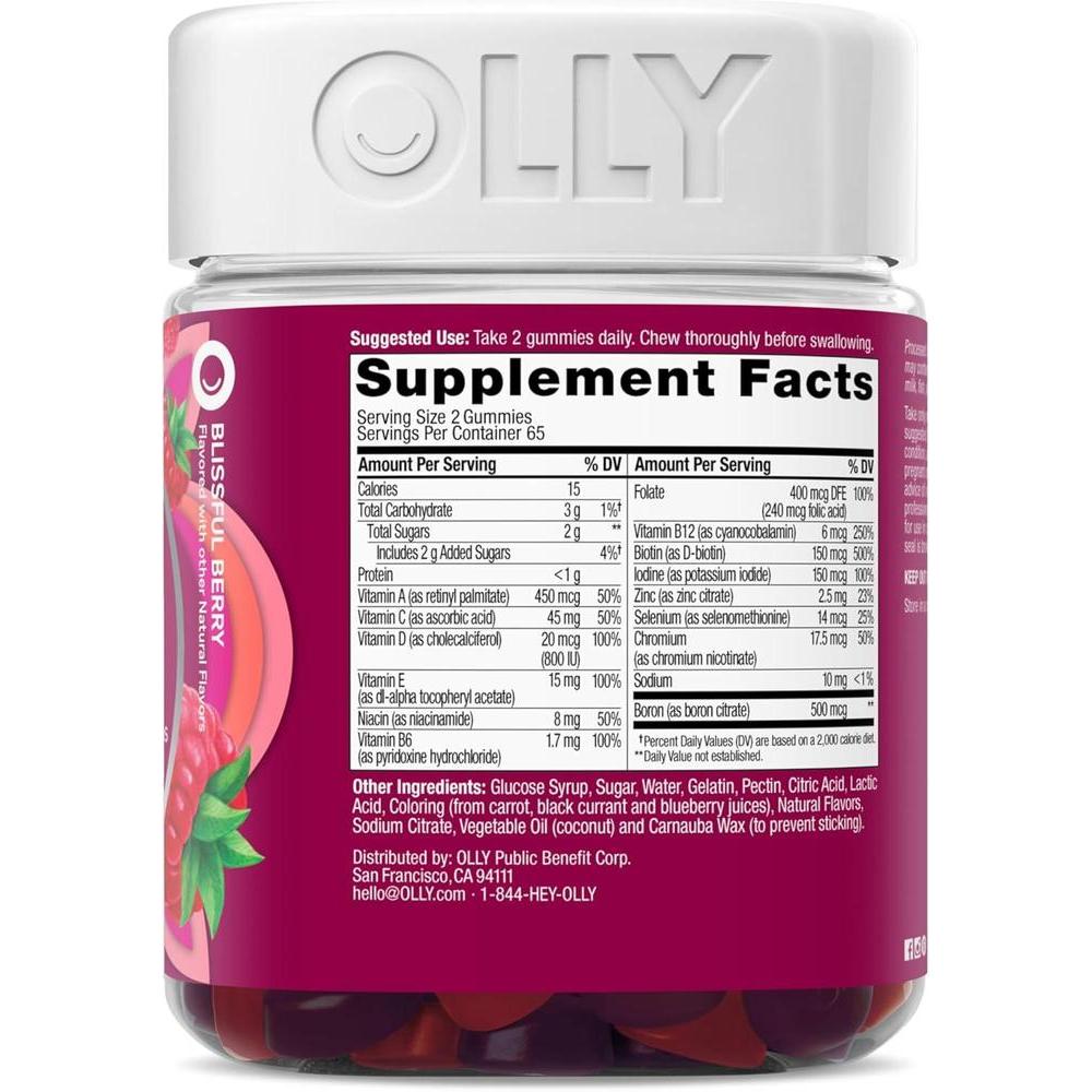 OLLY Women's Daily Multivitamin Gummy, Vitamins A, D, C, E, Biotin, Folic Acid, Adult Chewable Vitamin, Berry Flavor, 65 Day Supply - 130 Count