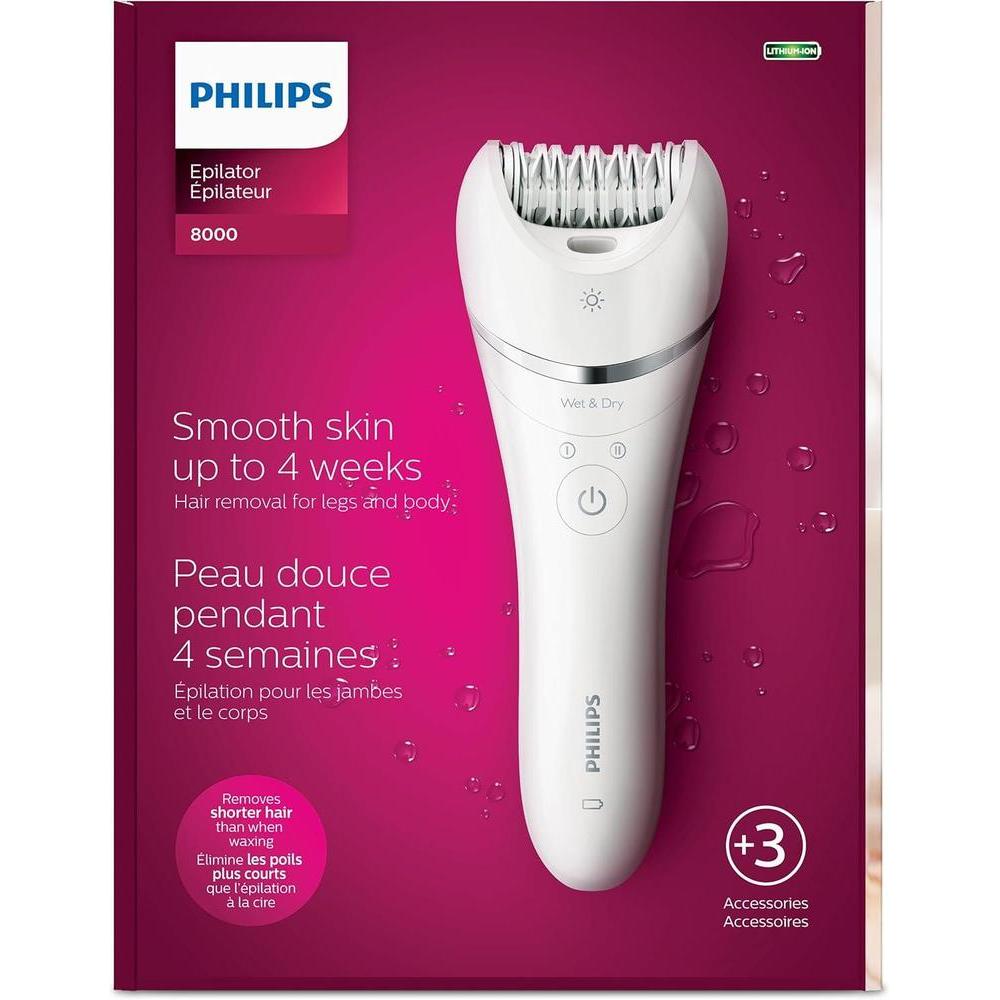 Philips Depiladora Serie 8000 para Mujer, eficiente con discos cerámicos y accesorios. Uso húmedo o seco