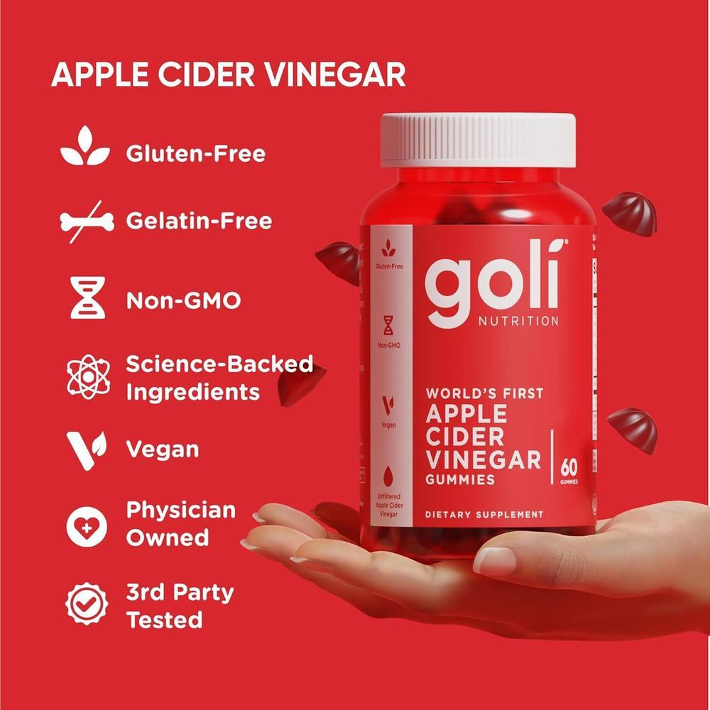 Goli Apple Cider Vinegar Gummies - Worlds First ACV Gummy with Vitamin B12, Beetroot & Pomegranate - Vegan, Non-GMO, Gluten-Free - 60 Count (Pack of 1)