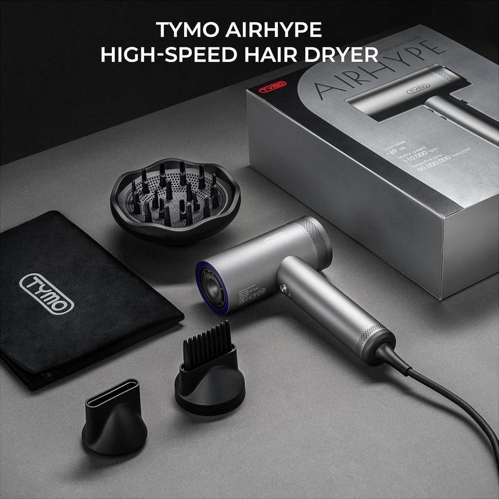TYMO Hair Dryer with Diffuser for Women - 1500W Professional High Speed Blow Dryer with Comb, 110,000RPM Fast Dry, 200 Million Ionic Hairdryer, 4 Temps & 3 Speeds, 8 Ft Cord for Salon, Graphite
