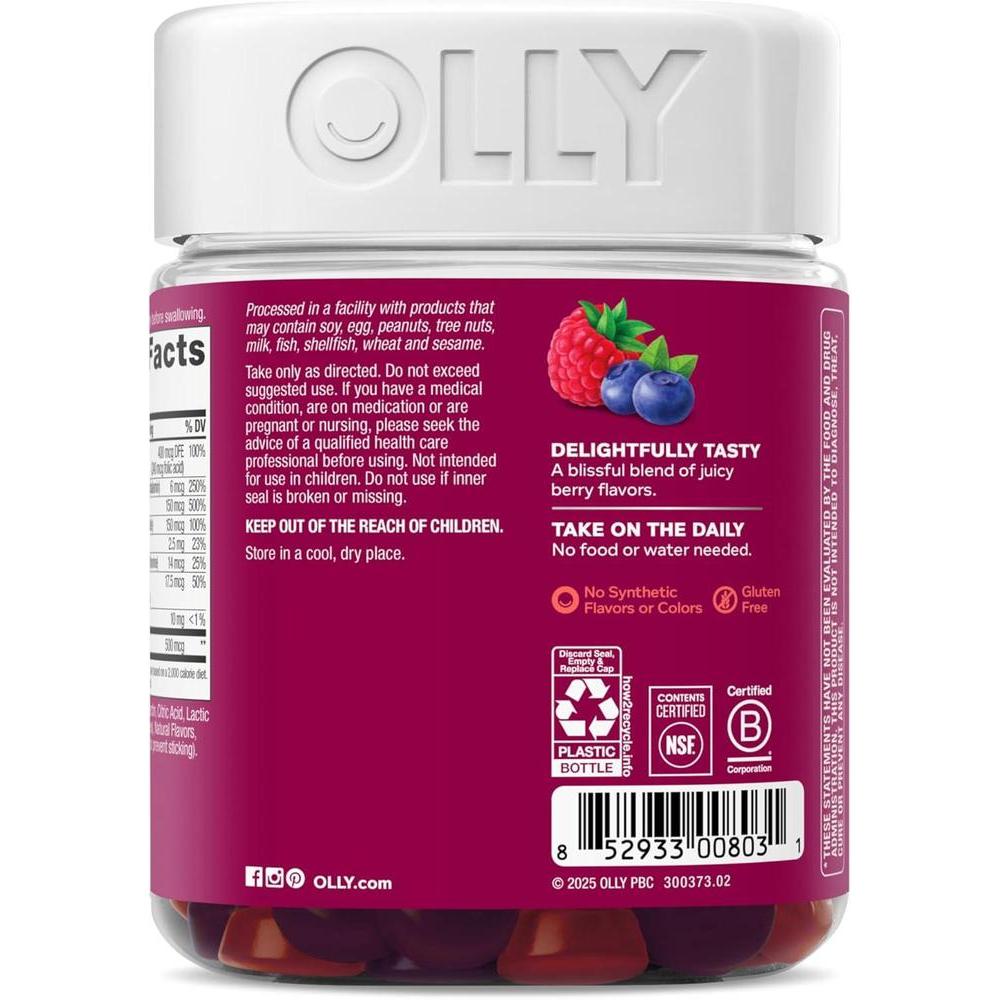OLLY Women's Daily Multivitamin Gummy, Vitamins A, D, C, E, Biotin, Folic Acid, Adult Chewable Vitamin, Berry Flavor, 65 Day Supply - 130 Count